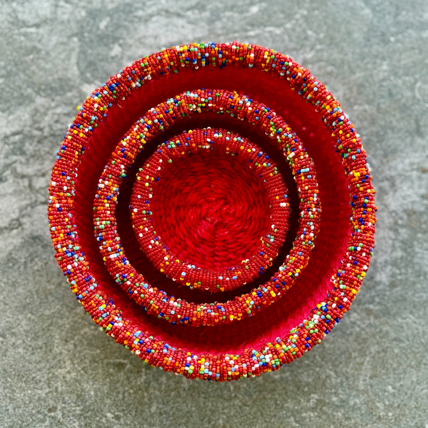 3-Piece Kitui Basket Set (Red w/ Beaded Multicolored Trim)