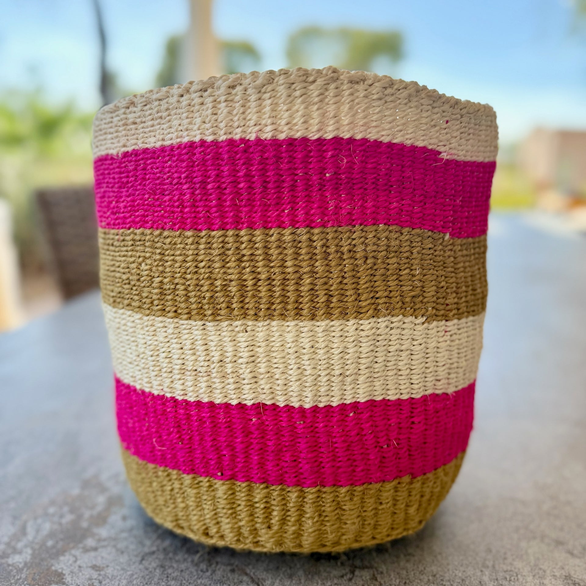 Kitui Basket – Large Handwoven (Magenta, Caramel, & Ecru Striped)