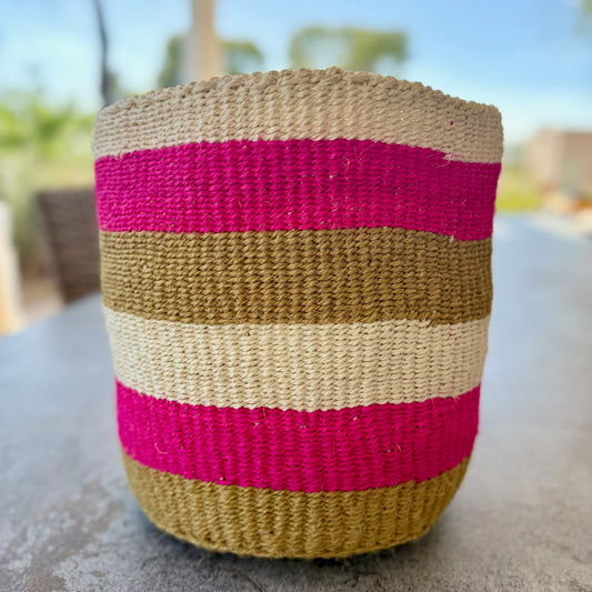 Kitui Basket – Large Handwoven (Magenta, Caramel, & Ecru Striped)