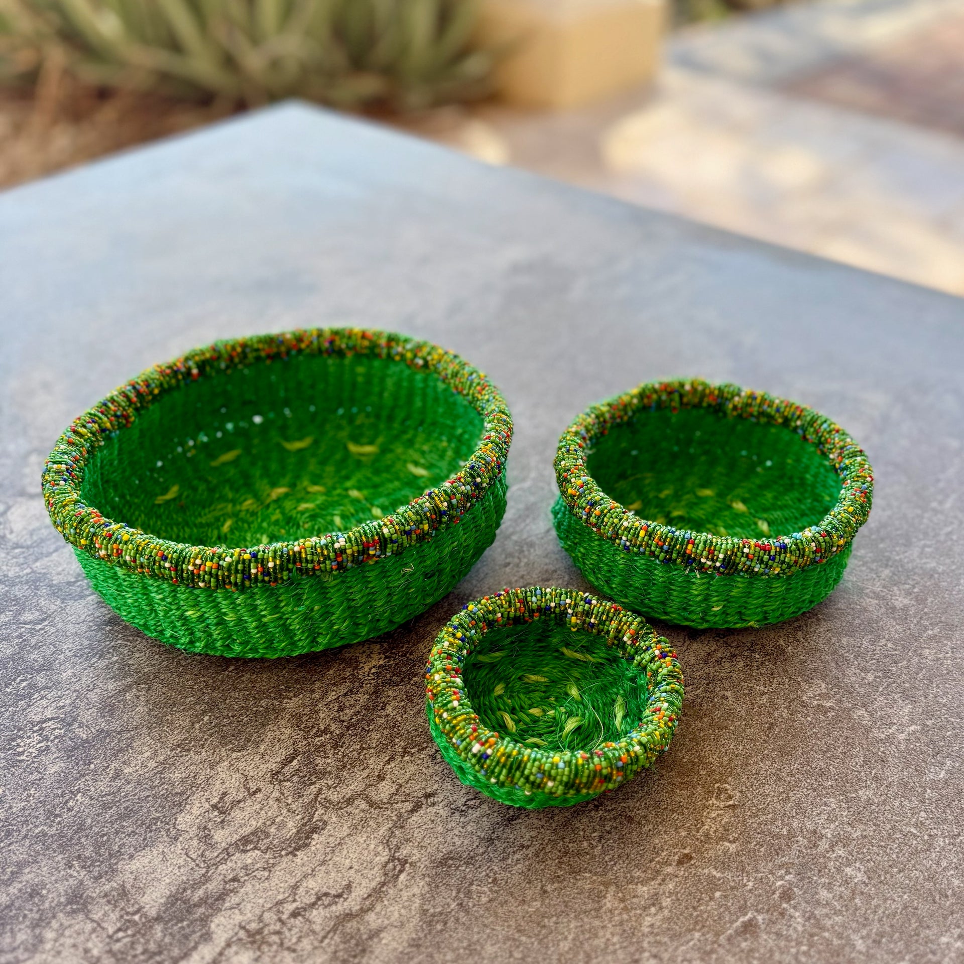 3-Piece Kitui Basket Set (Leaf Green & Beaded Multicolor Trim)