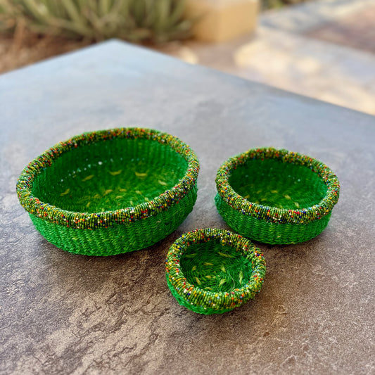 3-Piece Kitui Basket Set (Leaf Green & Beaded Multicolor Trim)