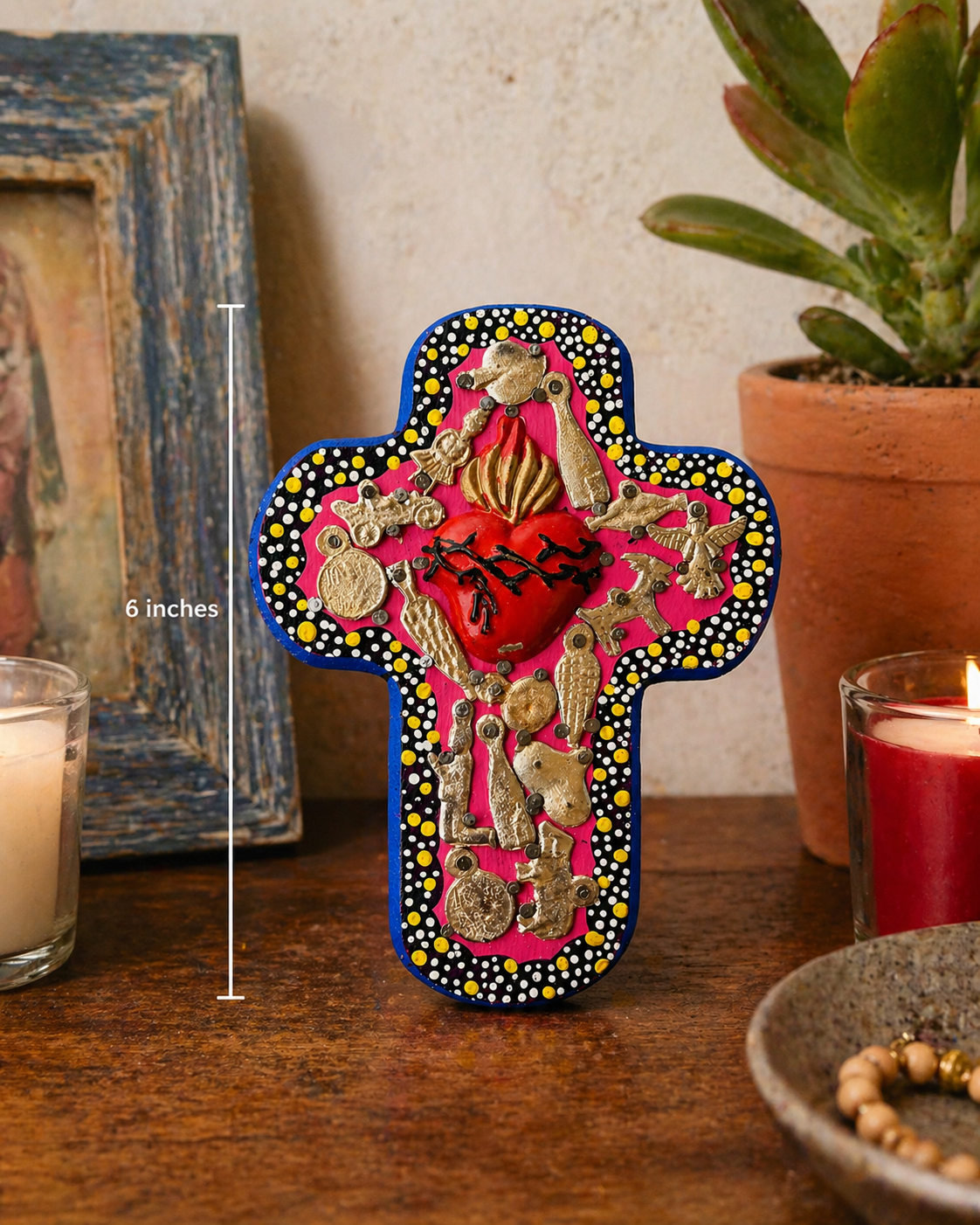Sacred Heart Milagro Cross — Hand-Painted Wood with Tin Charms