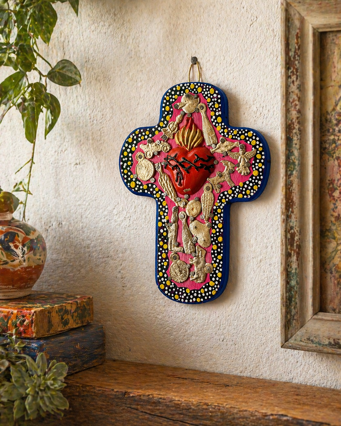 Sacred Heart Milagro Cross — Hand-Painted Wood with Tin Charms