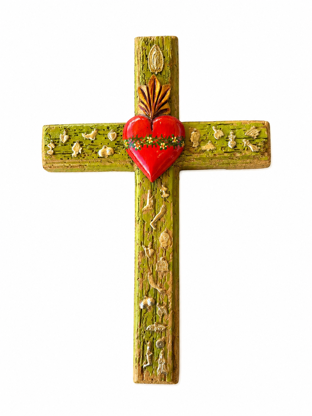 Sacred Heart Milagro Cross | Distressed Wood & Hand-Painted | 18"