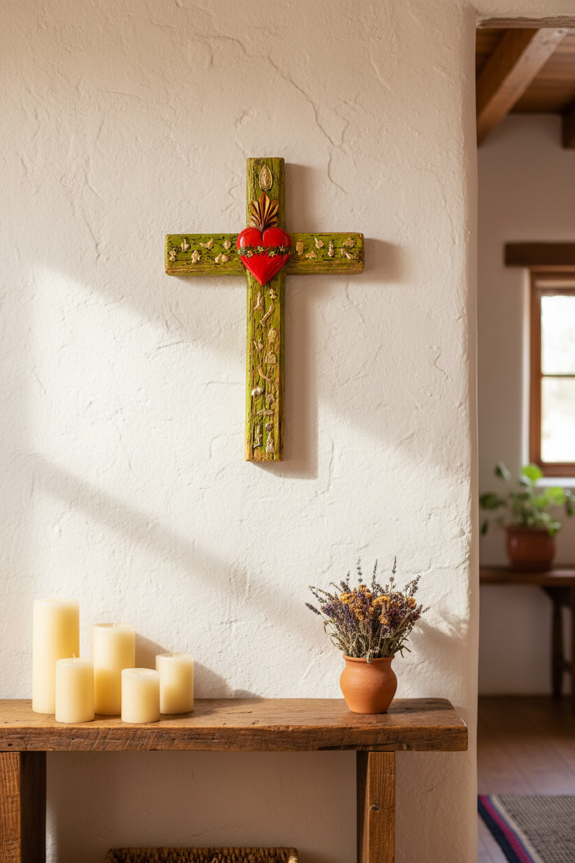 Sacred Heart Milagro Cross | Distressed Wood & Hand-Painted | 18"
