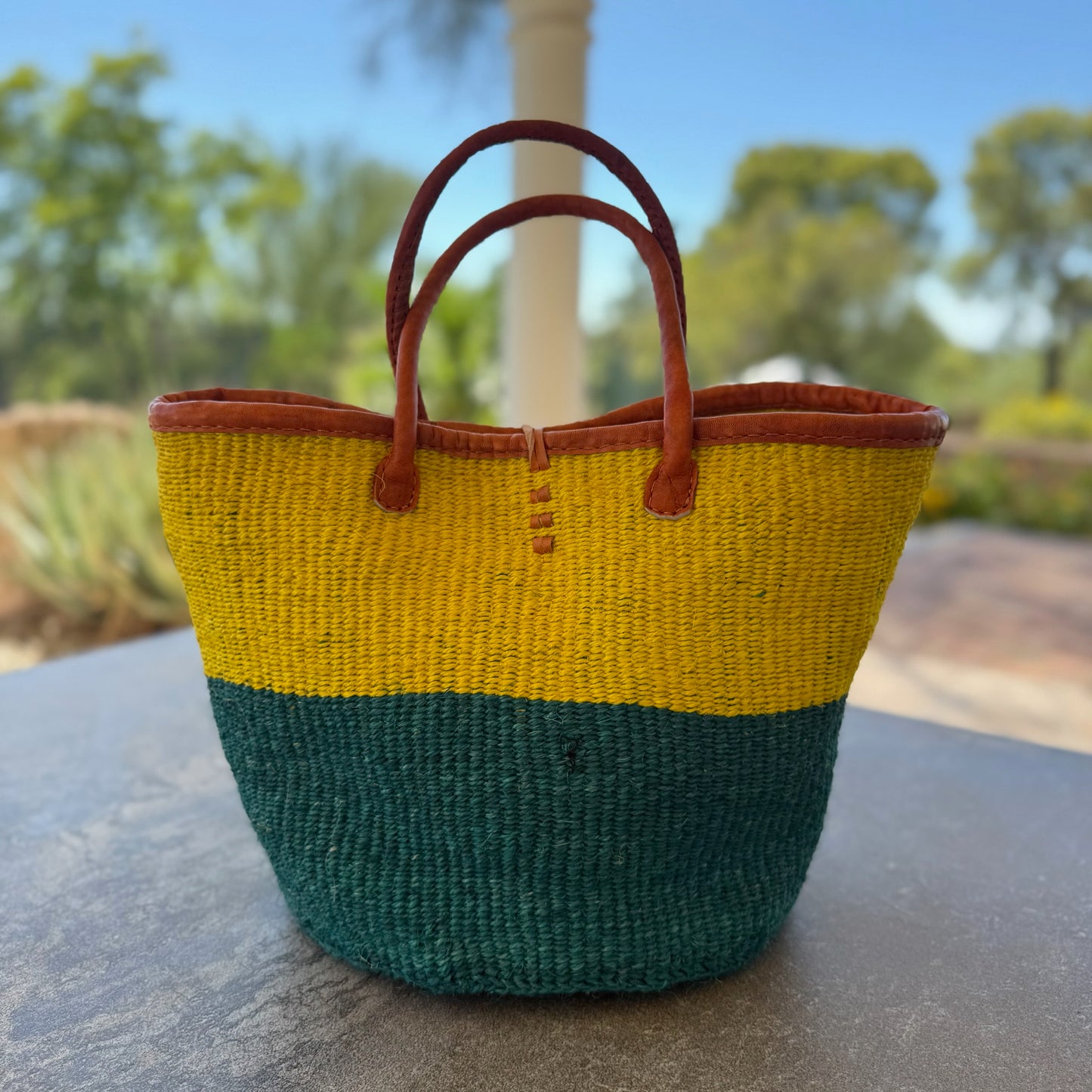 Kitui Basket – Medium Handwoven w/ Leather Trim & Handle (Sunshine & Jungle Green Split)