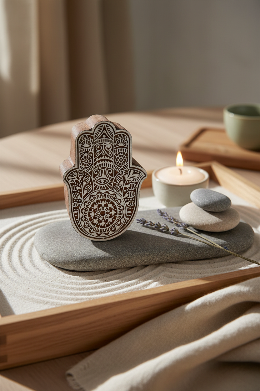 Hamsa Hand Carved Wood Block — Artisan Fabric Stamp & Home Décor