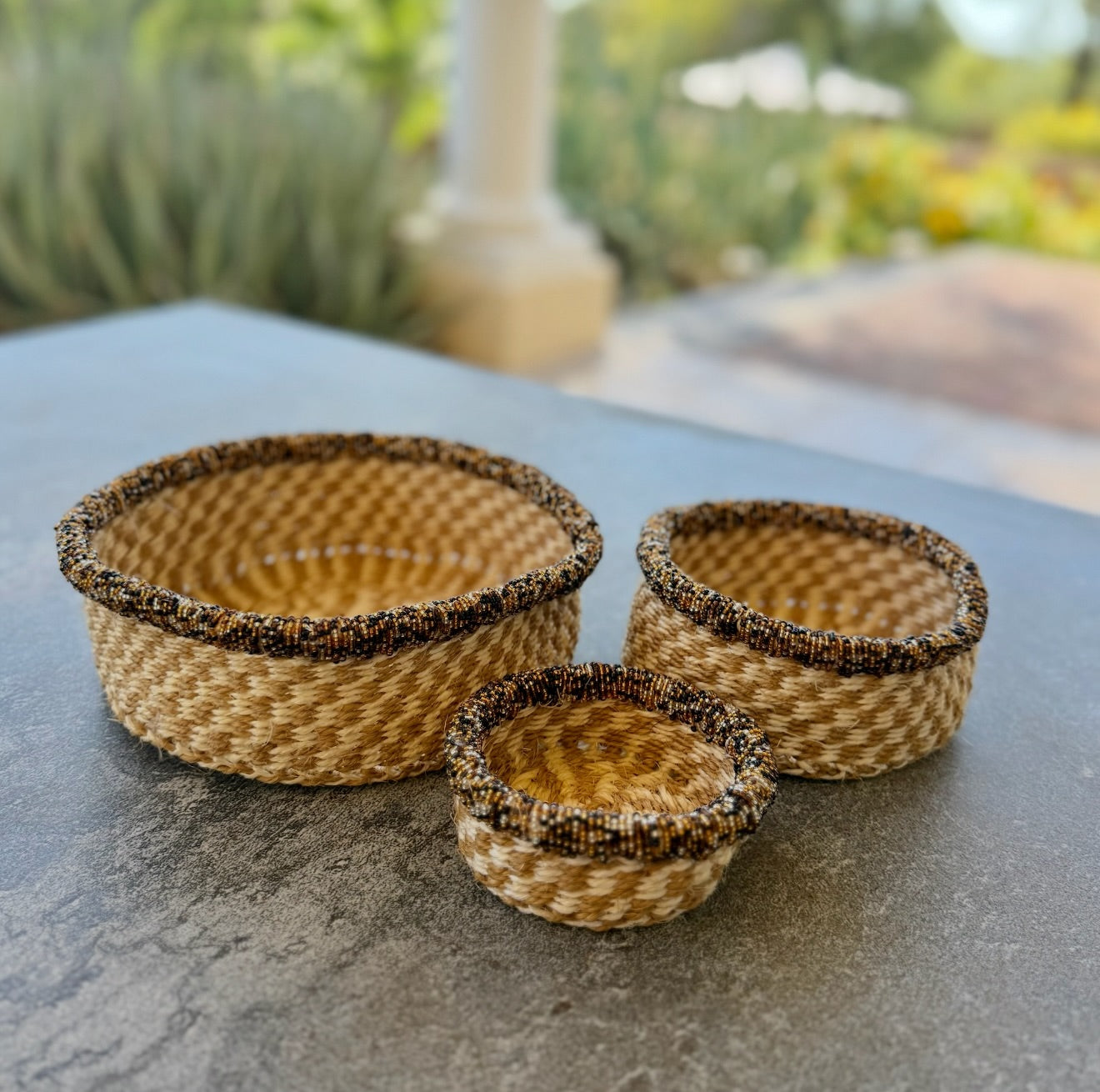 3-Piece Kitui Basket Set (Ecru Natural Checkered Weave w/ Beaded Honeycomb Trim)