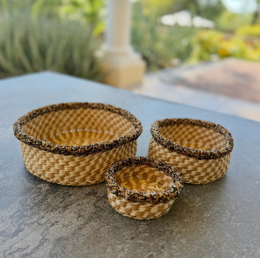 3-Piece Kitui Basket Set (Ecru Natural Checkered Weave w/ Beaded Honeycomb Trim)