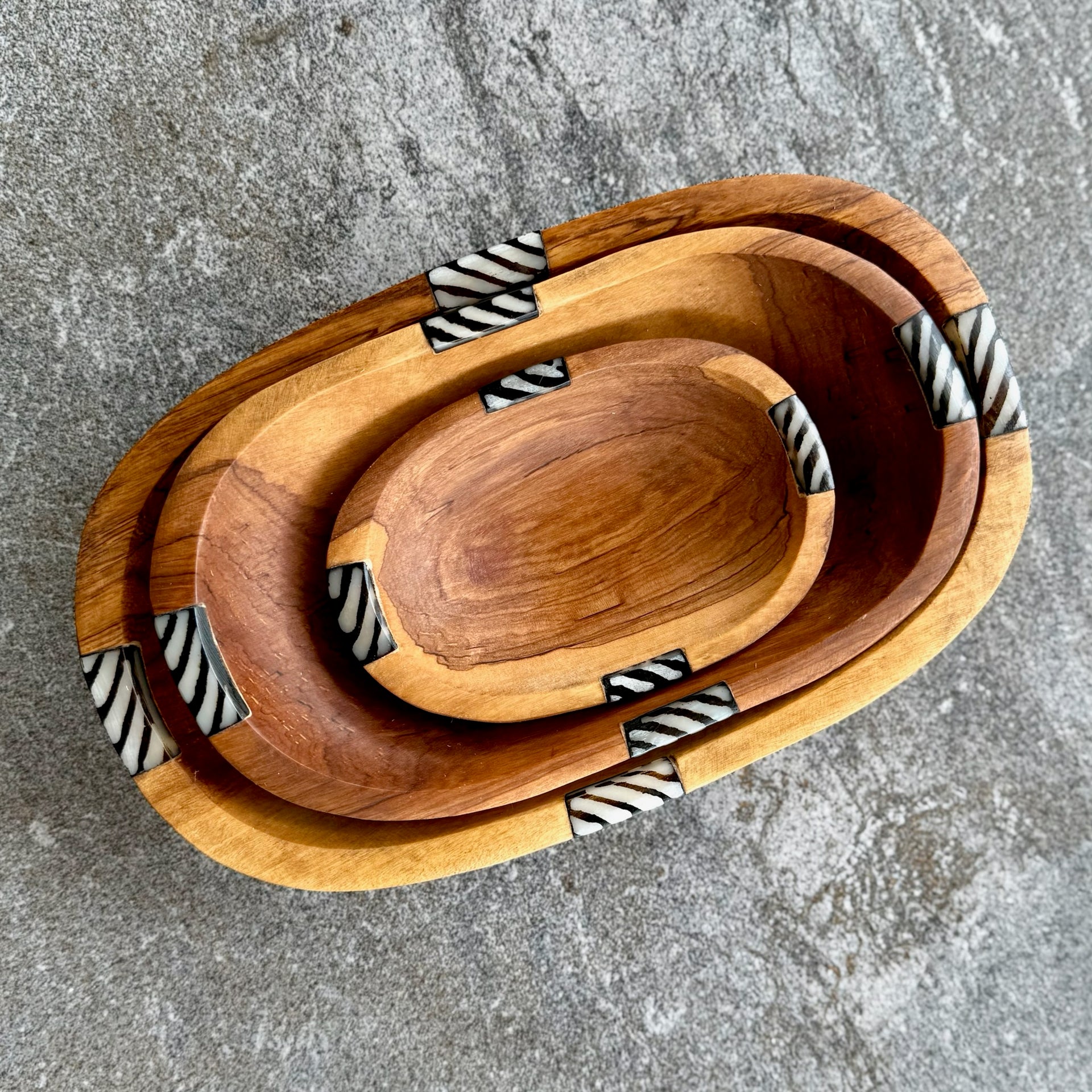 Kenyan Oval Nesting Wood Bowl Trio Set