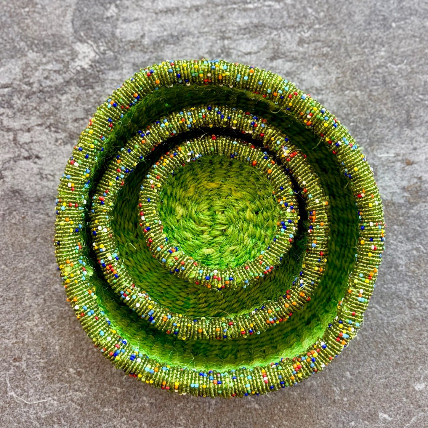 3-Piece Kitui Basket Set (Lime Green w/ Beaded Multicolored Trim)