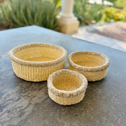 3-Piece Kitui Basket Set (Natural w/ Beaded Champagne Trim)