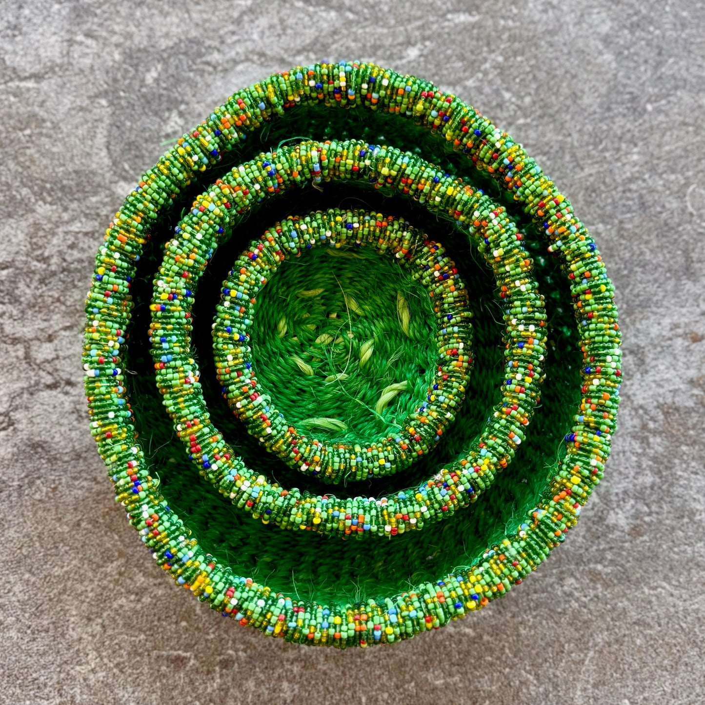 3-Piece Kitui Basket Set (Leaf Green & Beaded Multicolor Trim)