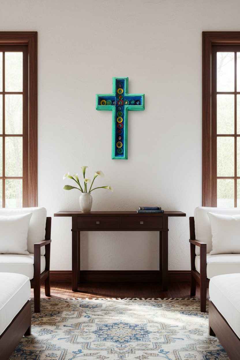 Handcrafted Bottle Cap Santos Cross | Turquoise Wood & Glass | 17"