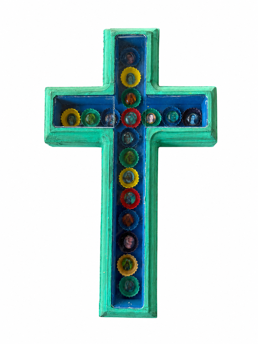 Handcrafted Bottle Cap Santos Cross | Turquoise Wood & Glass | 17"