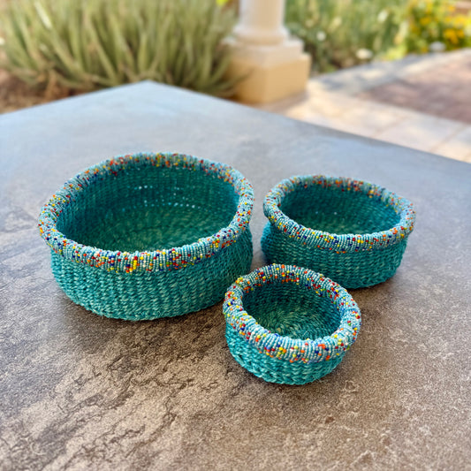 3-Piece Kitui Basket Set (Aquamarine w/ Beaded Multicolored Trim)