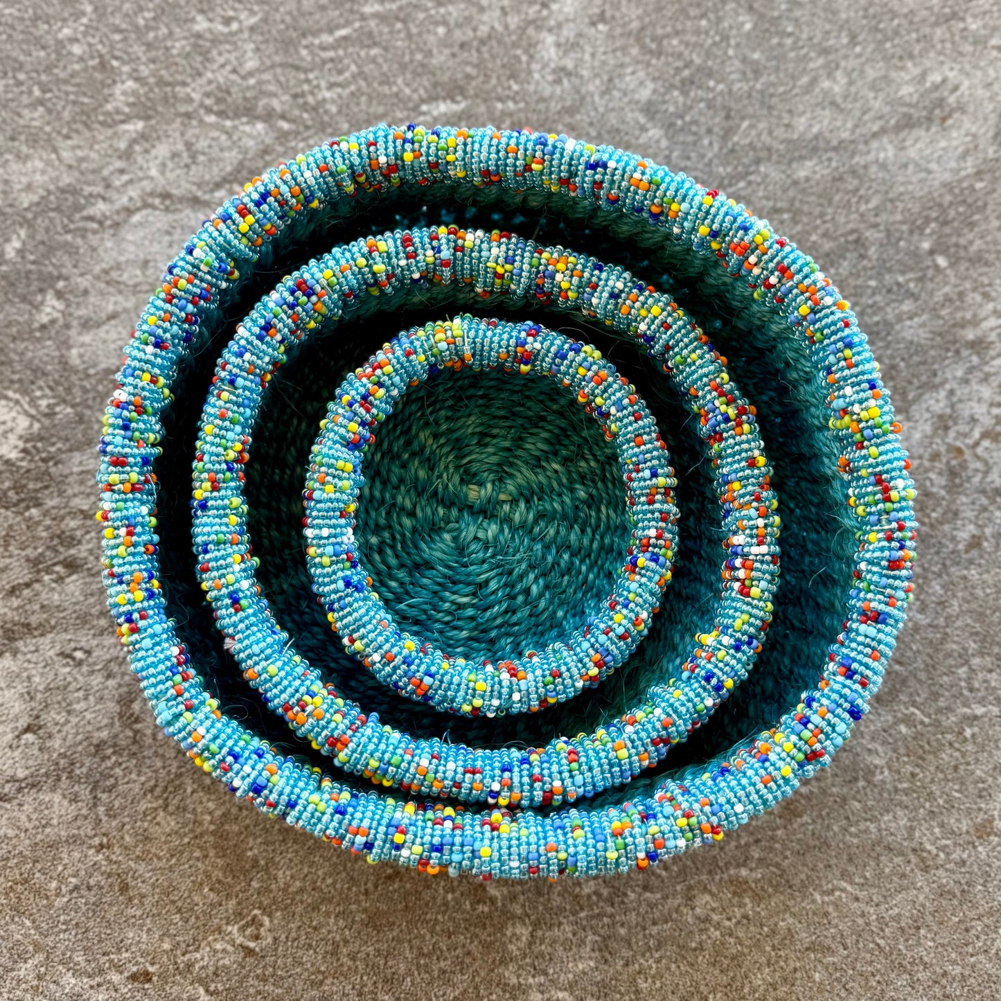 3-Piece Kitui Basket Set (Aquamarine w/ Beaded Multicolored Trim)