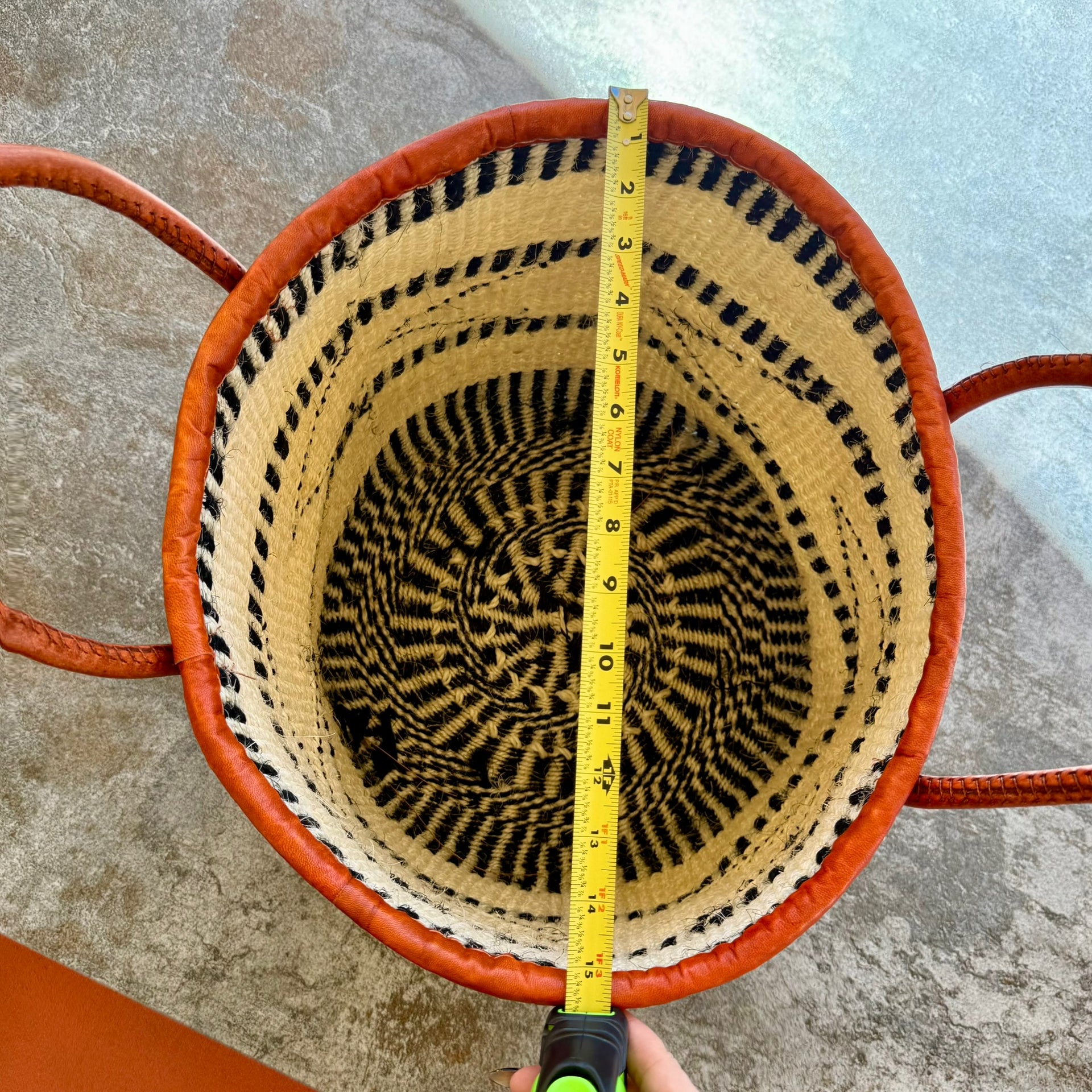 Kitui Basket - Large Open w/ Leather Trim & Handles (Ecru & Sienna Base Woven and Top Striped)