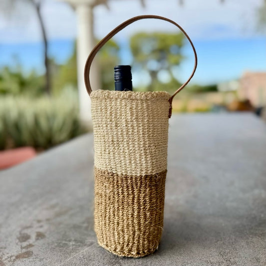 Handwoven Wine Tote w/ Leather Handle (Natural & Ecru Split)