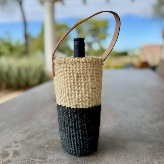 Handwoven Wine Tote w/ Leather Handle (Natural & Onyx Split)