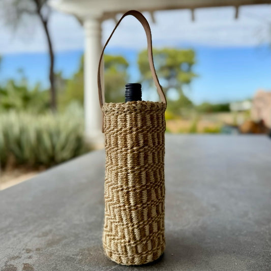 Handwoven Wine Tote w/ Leather Handle (Ecru & Natural Step Ladder Weaved)