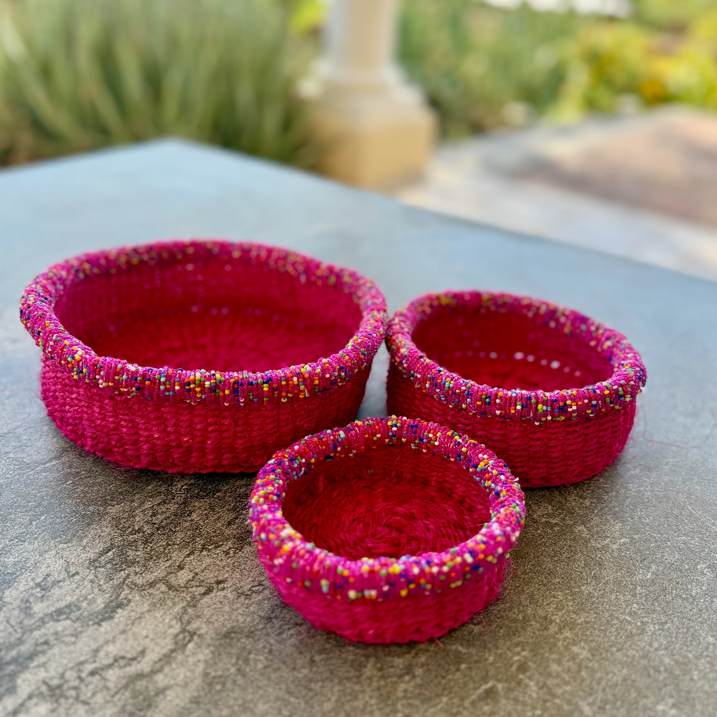 3-Piece Kitui Basket Set (Pink w/ Beaded Multicolored Trim)