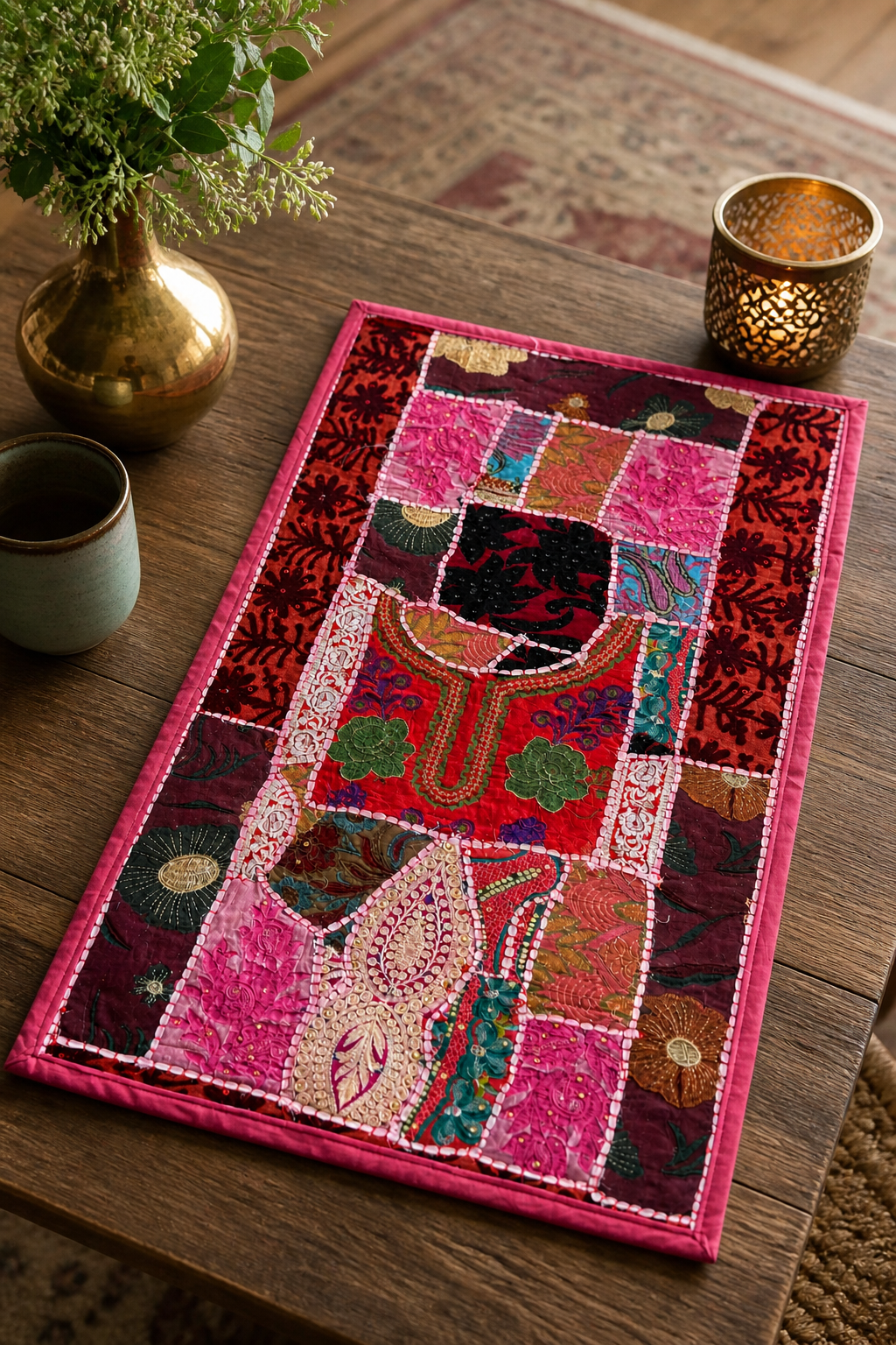 Aari & Kantha Patchwork Table Runner — Jewel-Tone Sari Textile, 20×30"