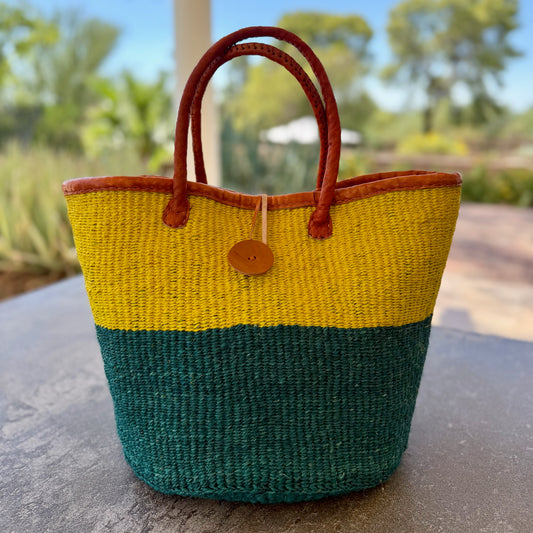 Kitui Basket – Medium Handwoven w/ Leather Trim & Handle (Sunshine & Jungle Green Split)