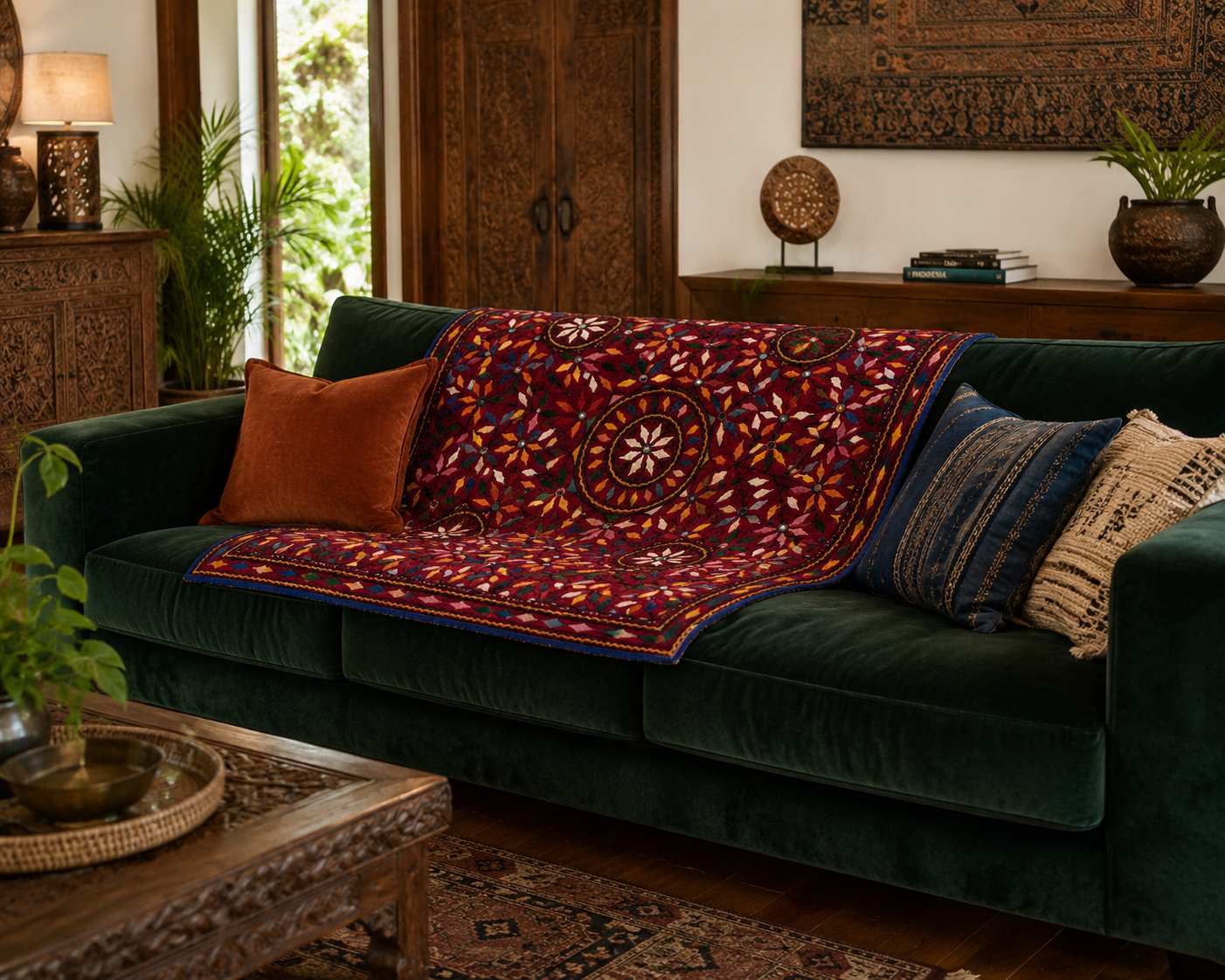 Aari Mirror Work Embroidered Textile — 40×40" Wall Hanging or Throw