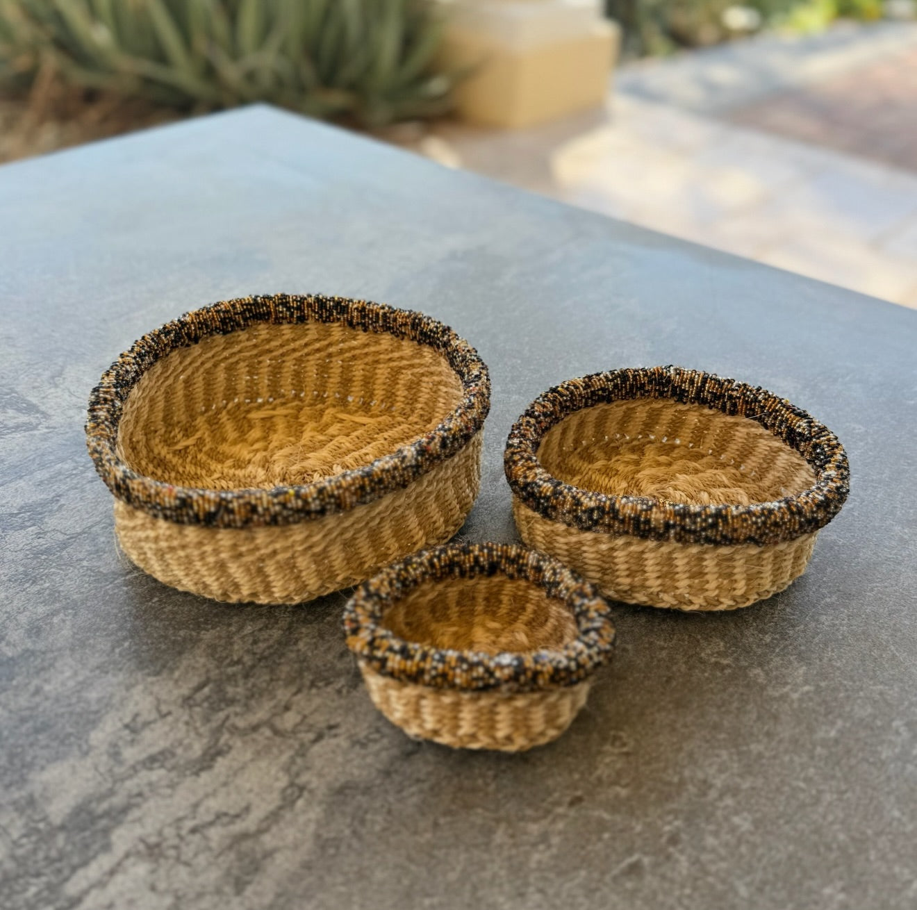 3-Piece Kitui Basket Set w/ Beaded Trim (Ecru Natural Ladder Weave w/ Beaded Honeycomb Trim)