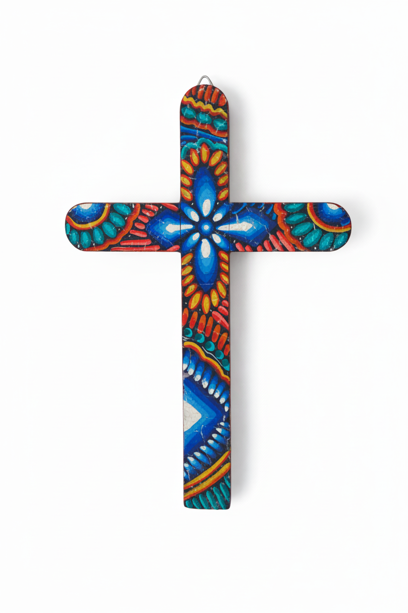 Hand-Painted Wooden Cross – Cheerful Folk Art Design