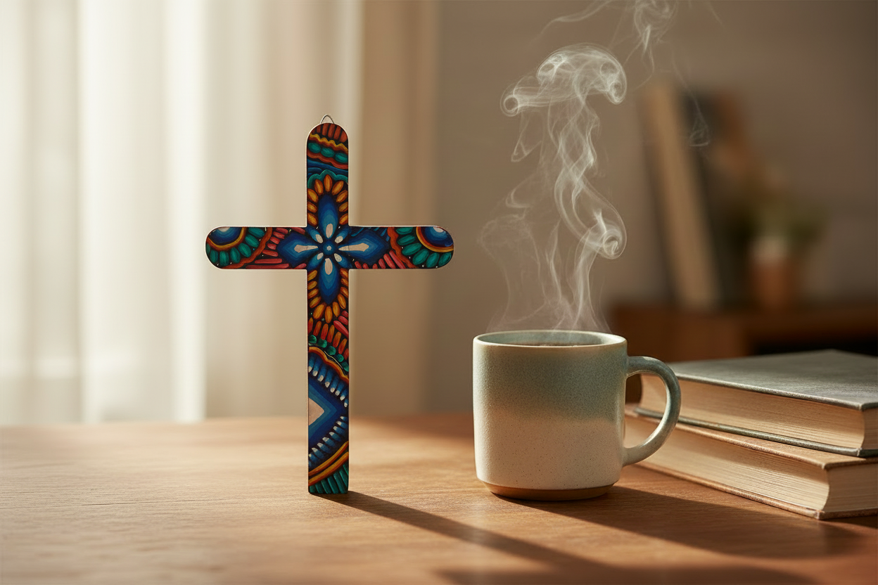 Hand-Painted Wooden Cross – Cheerful Folk Art Design