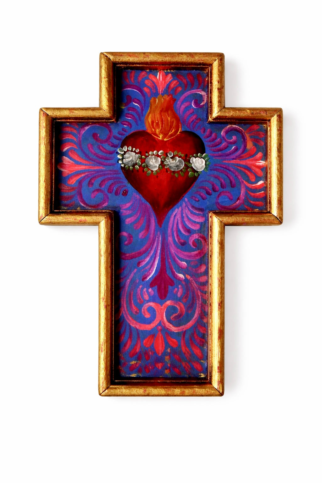 Hand-Painted Sacred Heart Cross – Gold Leaf & Mexican Folk Art