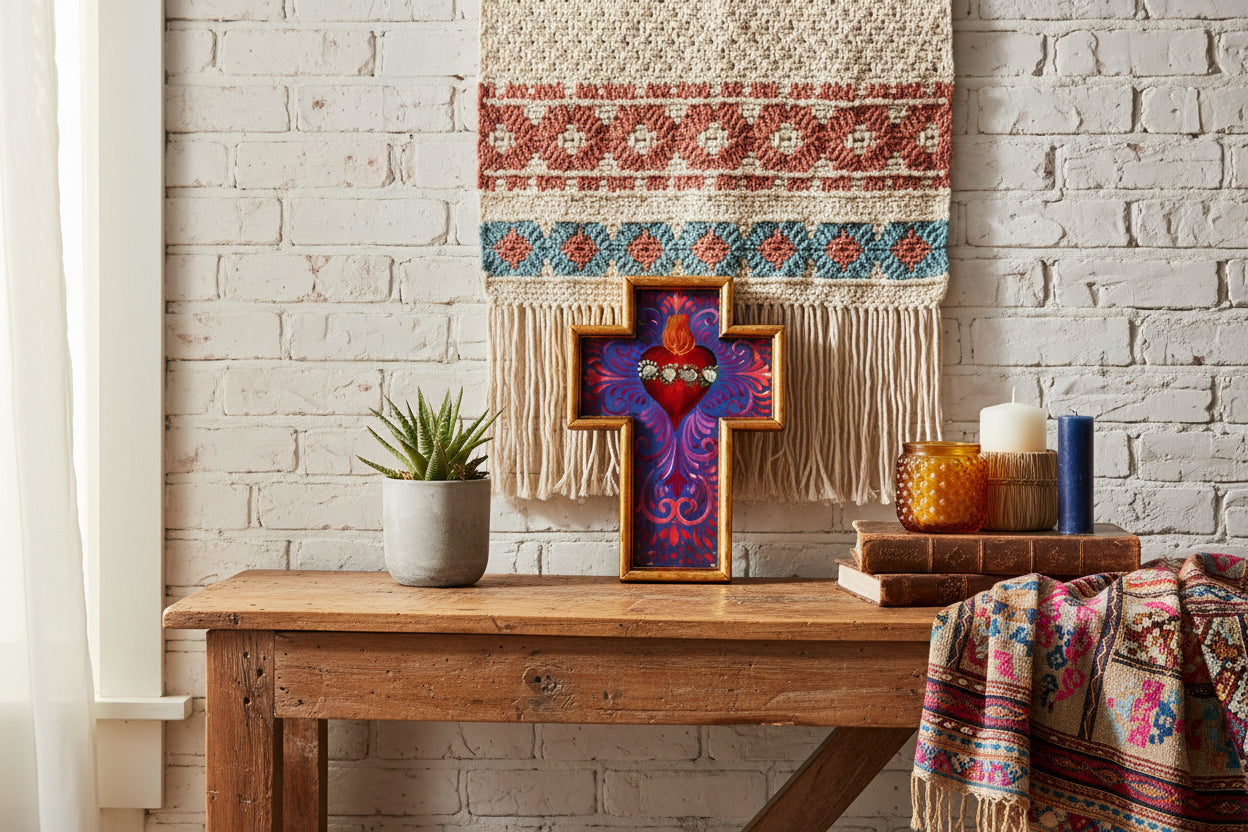 Hand-Painted Sacred Heart Cross – Gold Leaf & Mexican Folk Art