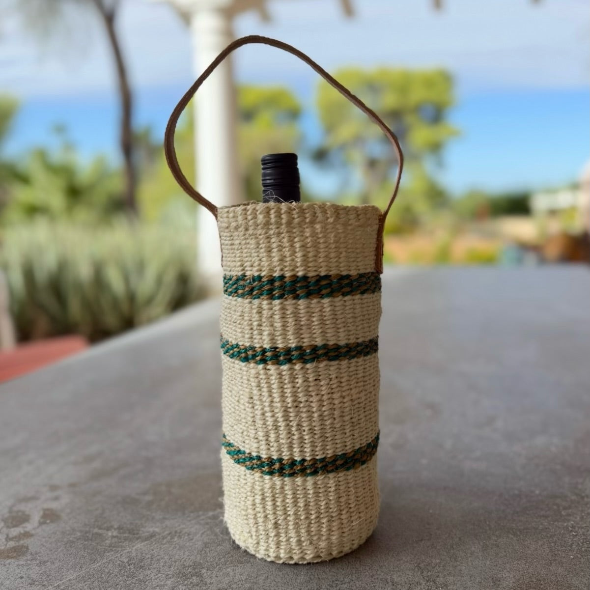 Handwoven Wine Tote w/ Leather Handle (Natural Safari Green Striped)