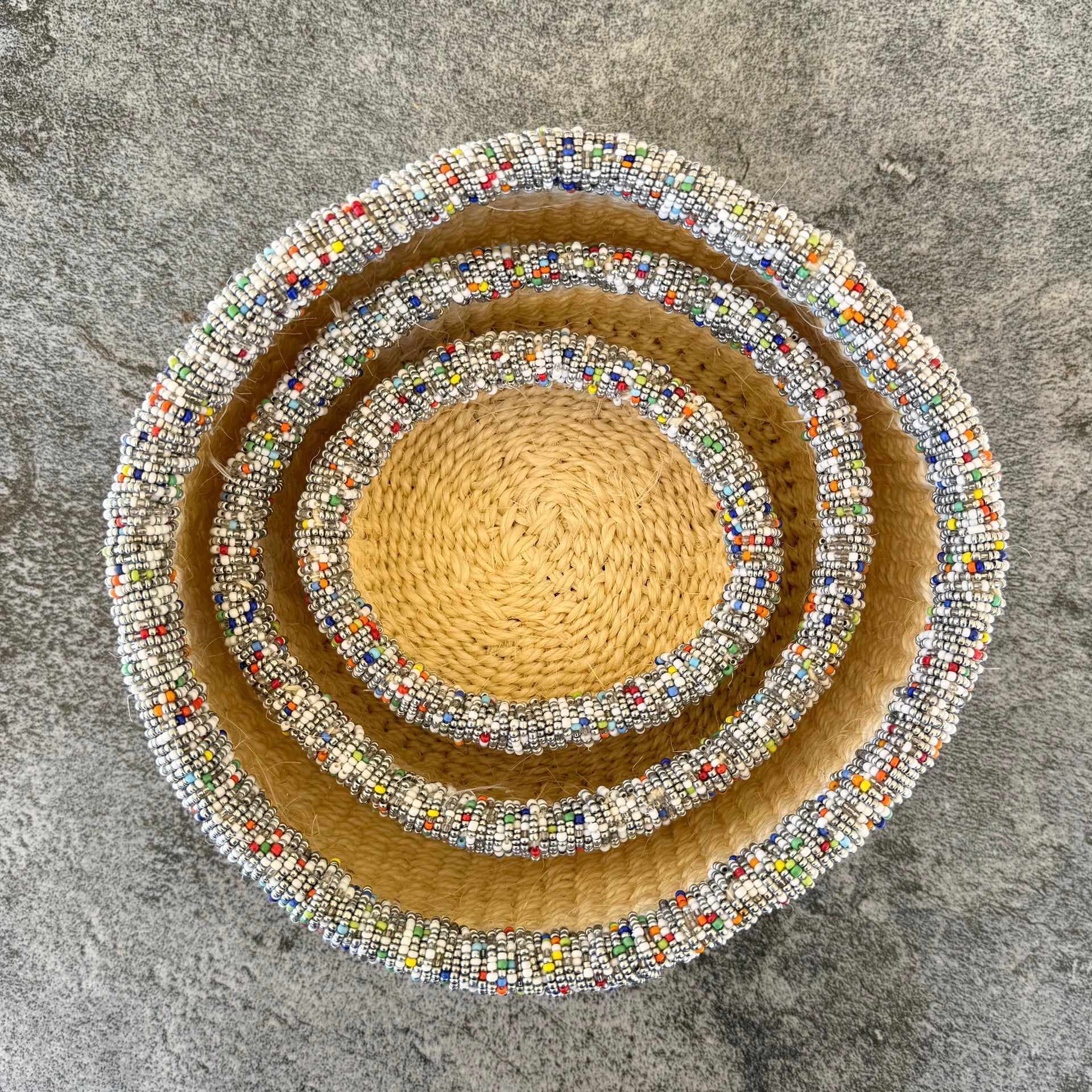 3-Piece Kitui Basket Set (Ecru w/ Beaded Silver Multicolored Trim)