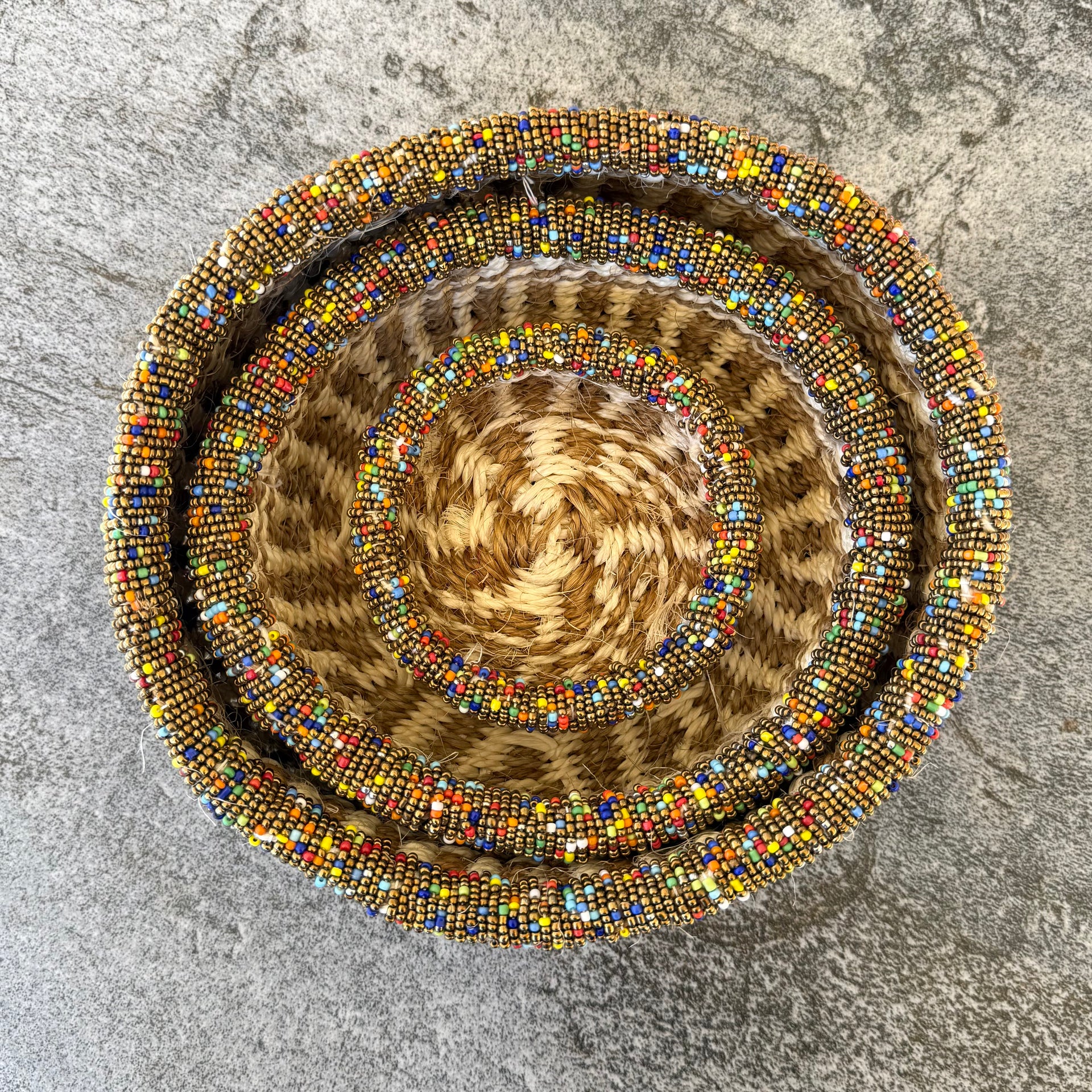 3-Piece Kitui Basket Set (Ecru Natural Ladder Weave w/ Beaded Multicolored Trim)