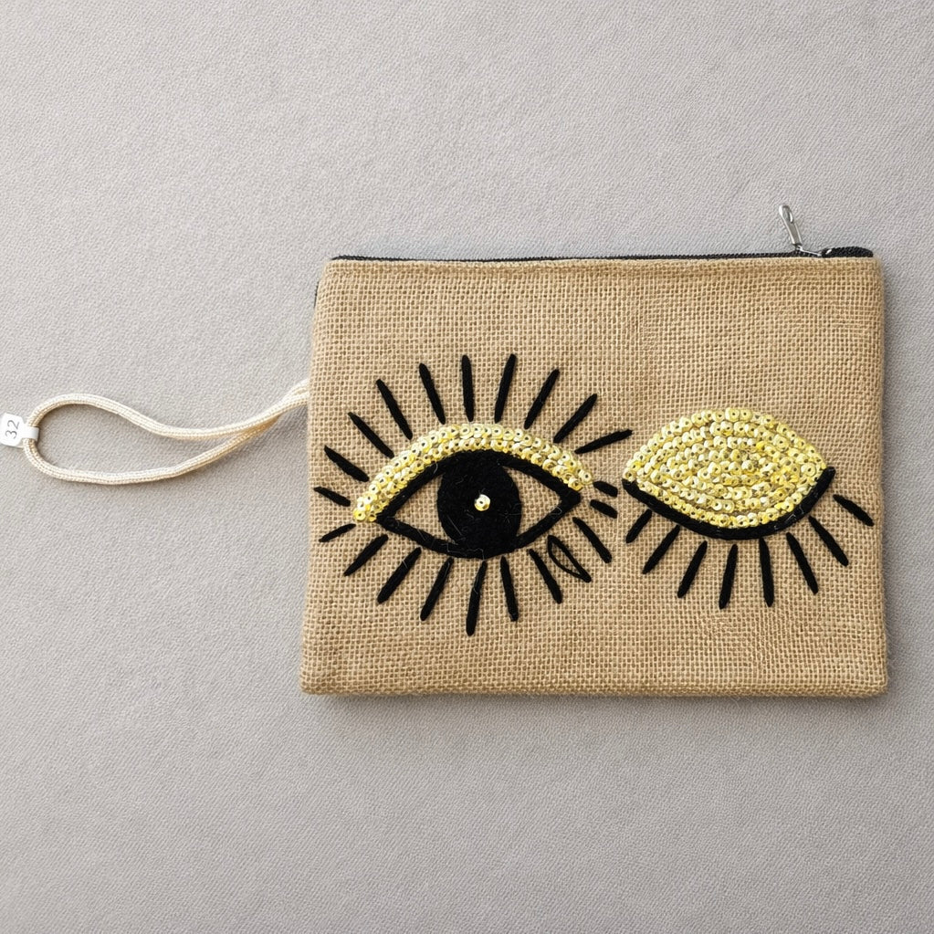 Gold Sequined Embroidered Eye Wink Makeup Bag