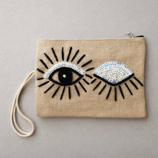 Silver Sequined Embroidered Eye Wink Makeup Bag