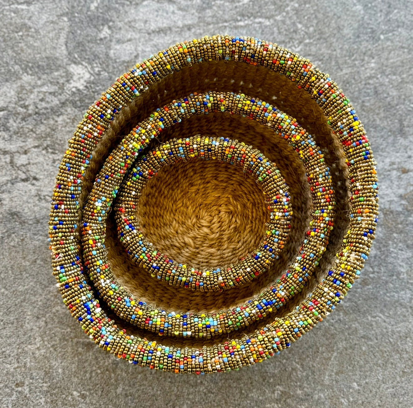 3-Piece Kitui Basket Set (Natural w/ Beaded Multicolored Trim)