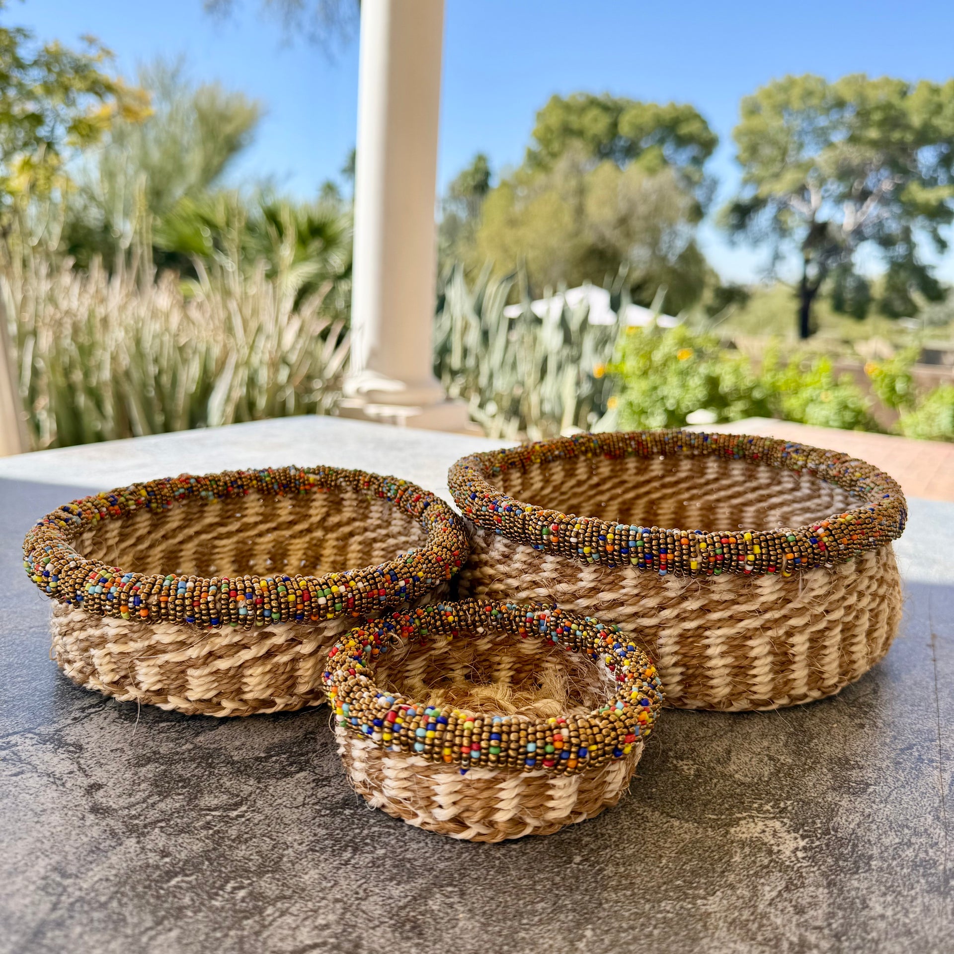 3-Piece Kitui Basket Set (Ecru Natural Ladder Weave w/ Beaded Multicolored Trim)