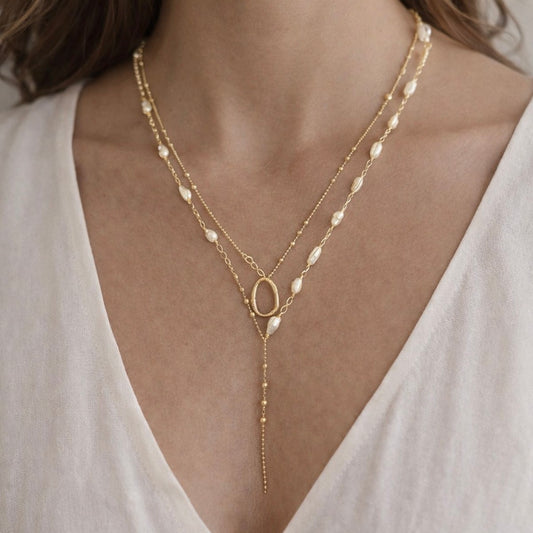 Golden Halo Pearl Lariat Necklace
