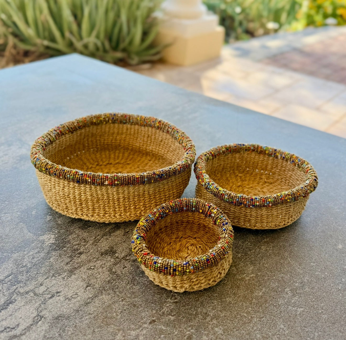 3-Piece Kitui Basket Set (Natural w/ Beaded Multicolored Trim)