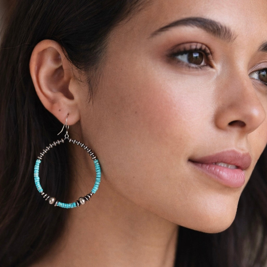 Turquoise Heishi & Sterling Silver Hoop Earrings