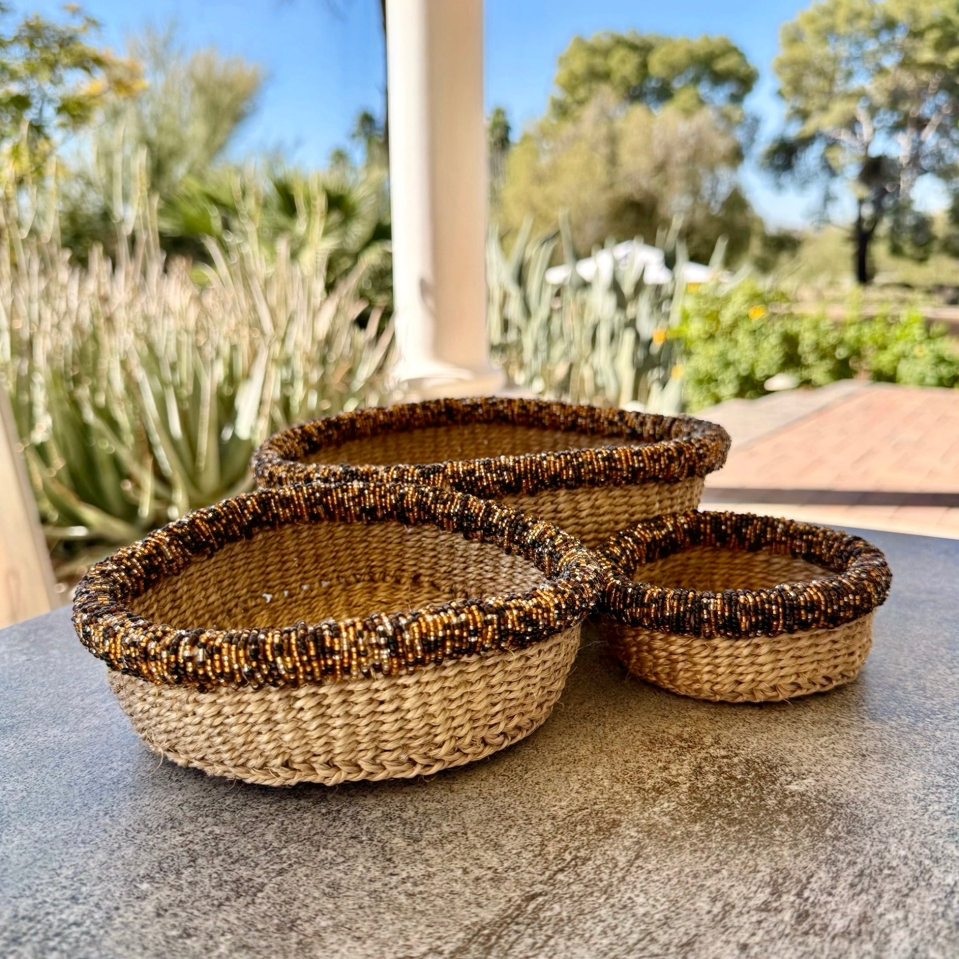 3-Piece Kitui Basket Set (Natural w/ Beaded Honeycomb Trim)