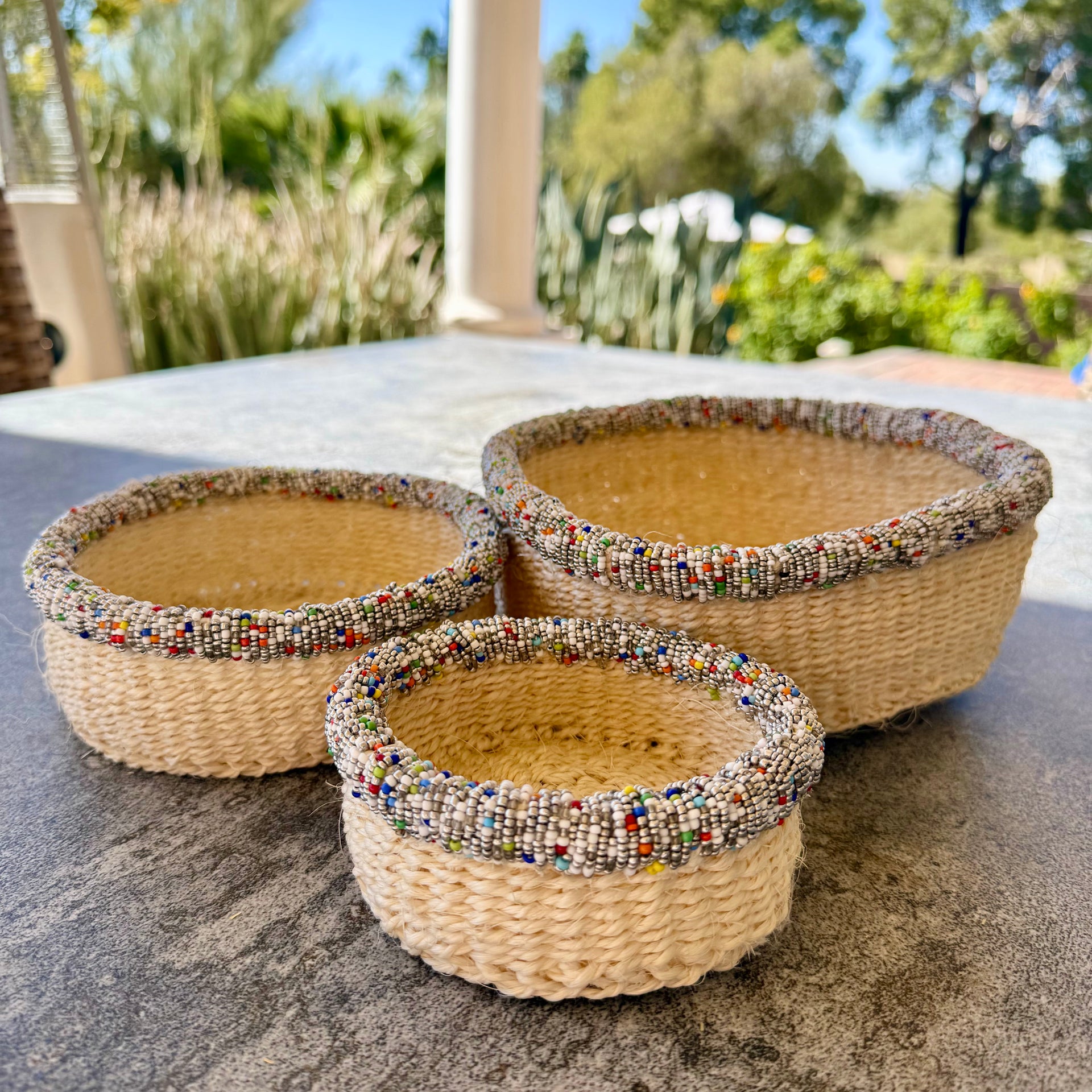 3-Piece Kitui Basket Set (Ecru w/ Beaded Silver Multicolored Trim)