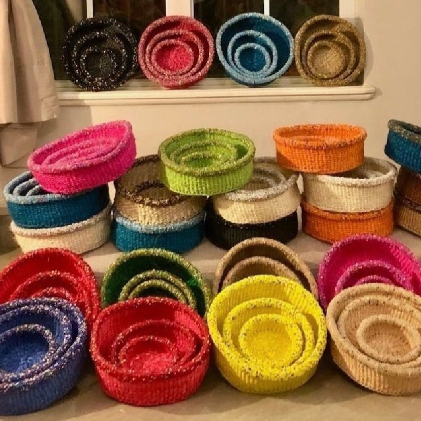 3-Piece Kitui Basket Set (Natural w/ Beaded Champagne Trim)