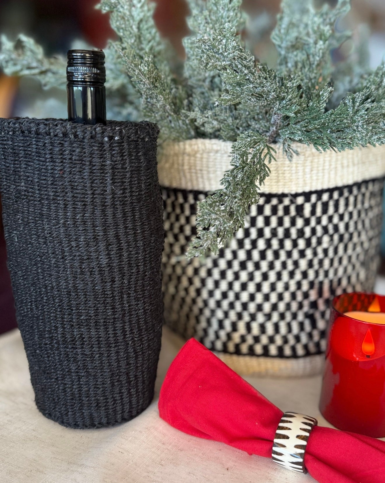 Kitui Basket - Medium Handwoven (Ecru & Black Checkered)