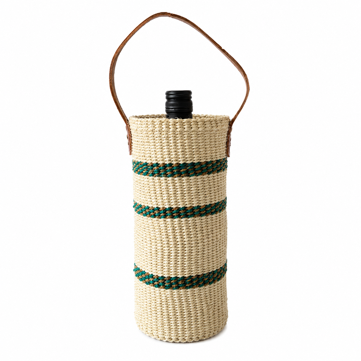 Handwoven Wine Tote w/ Leather Handle (Natural Safari Green Striped)