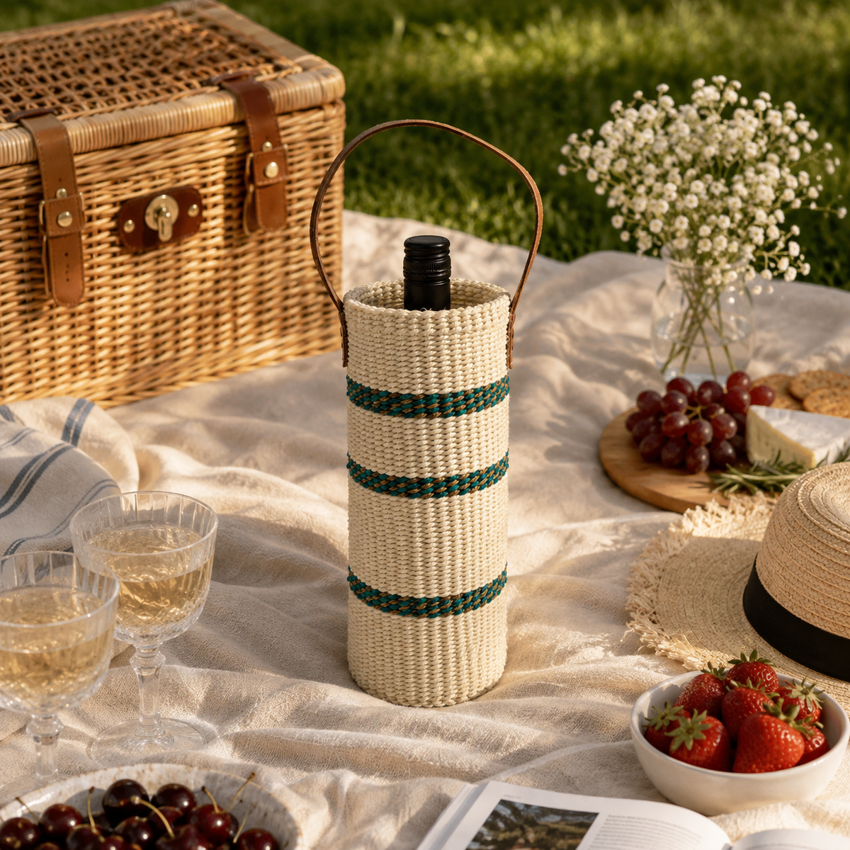 Handwoven Wine Tote w/ Leather Handle (Natural Safari Green Striped)